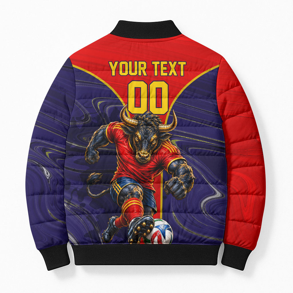 Personalized Spain Football Bomber Puffer Jacket Fear the Bull Soccer Mascot Marble Art