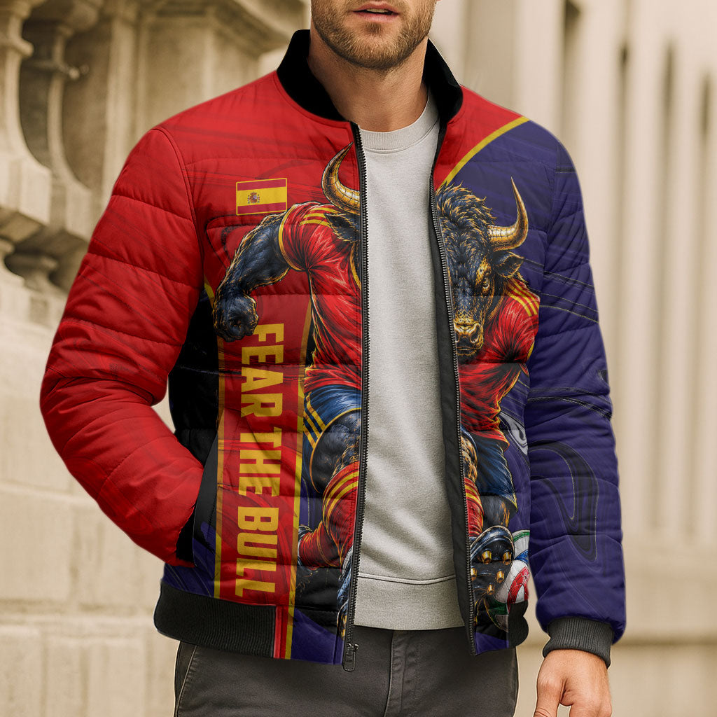 Personalized Spain Football Bomber Puffer Jacket Fear the Bull Soccer Mascot Marble Art