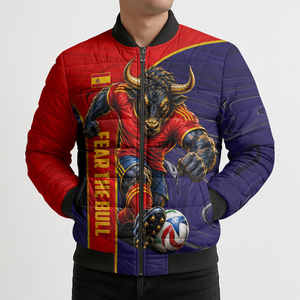 Personalized Spain Football Bomber Puffer Jacket Fear the Bull Soccer Mascot Marble Art