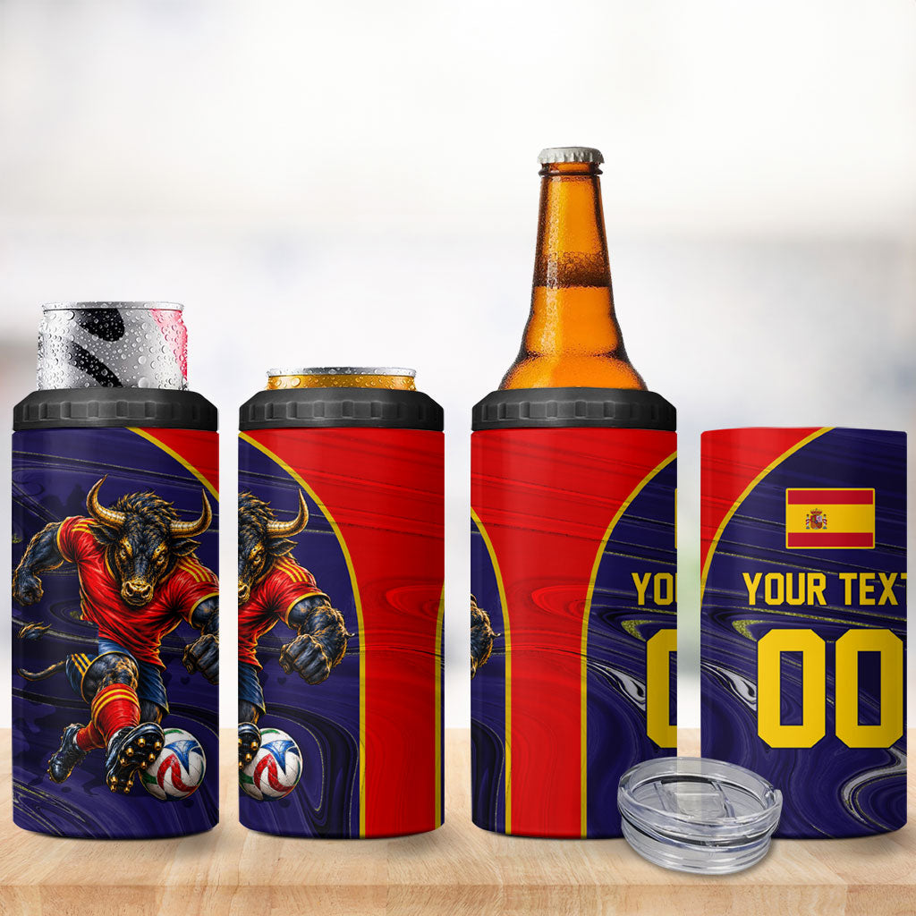 Personalized Spain Football 4 in 1 Can Cooler Tumbler Fear the Bull Soccer Mascot Marble Art