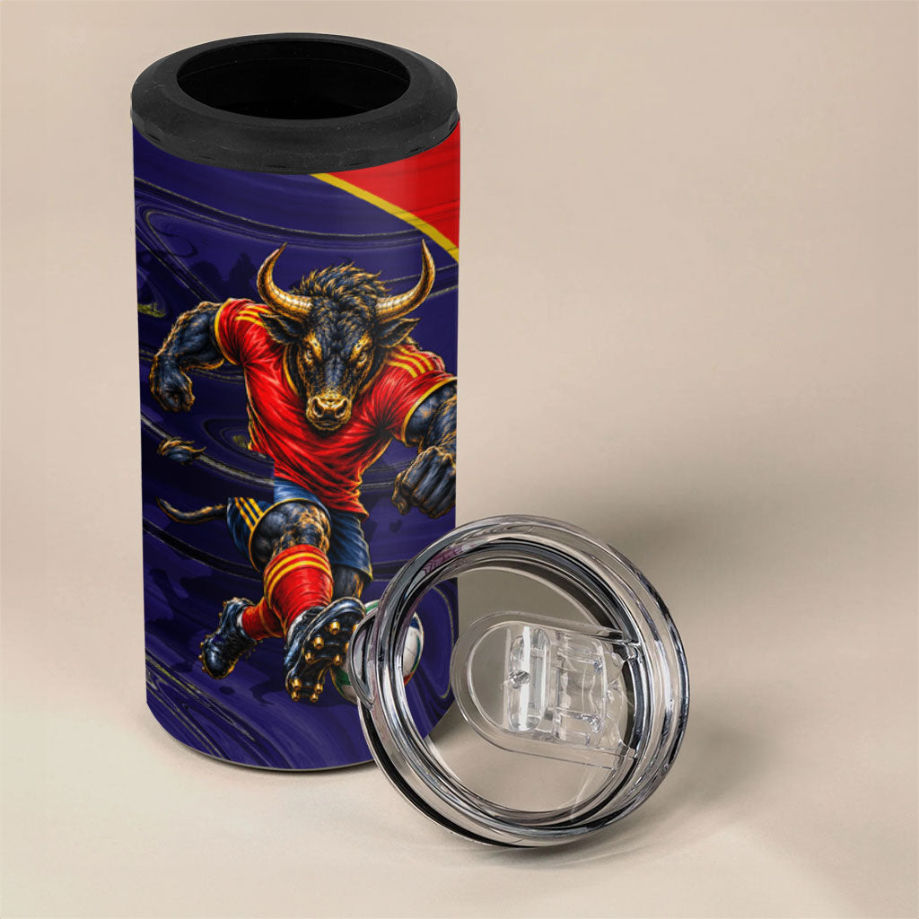 Personalized Spain Football 4 in 1 Can Cooler Tumbler Fear the Bull Soccer Mascot Marble Art