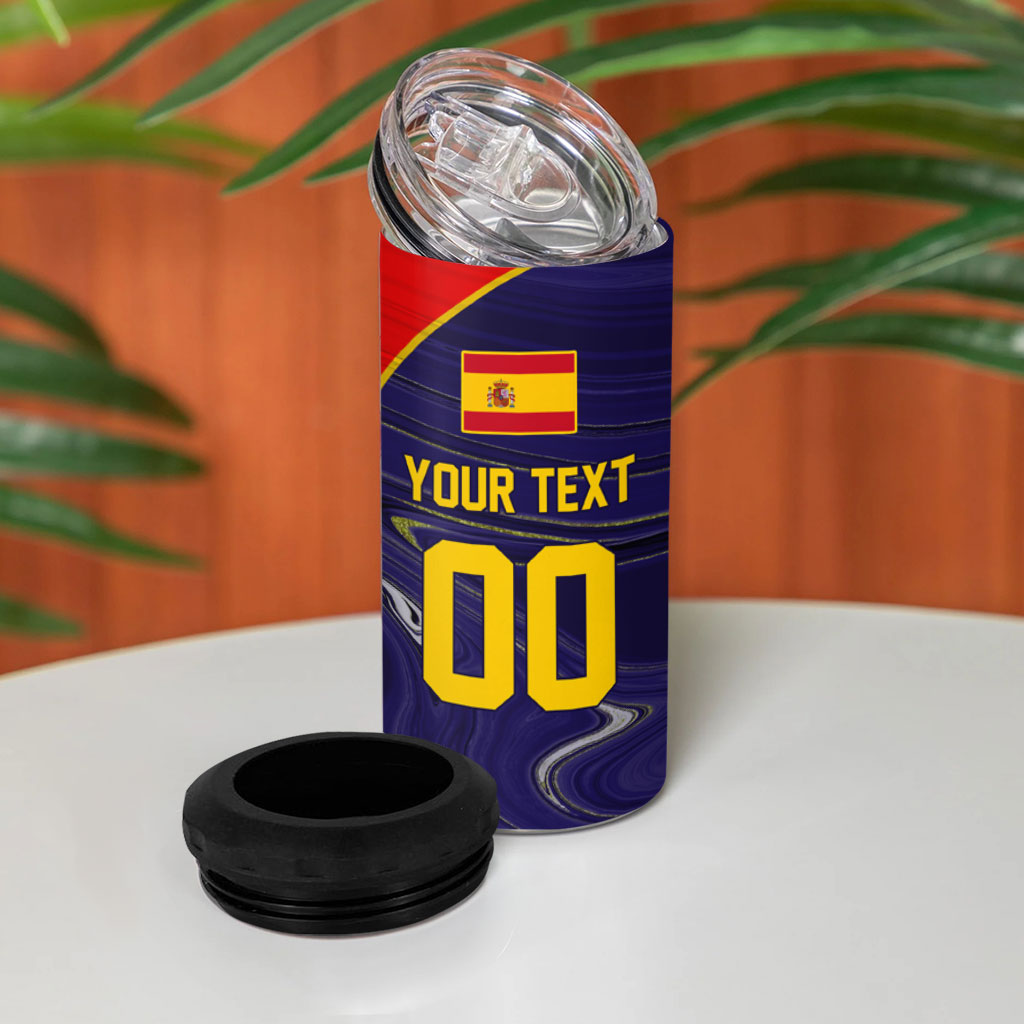 Personalized Spain Football 4 in 1 Can Cooler Tumbler Fear the Bull Soccer Mascot Marble Art