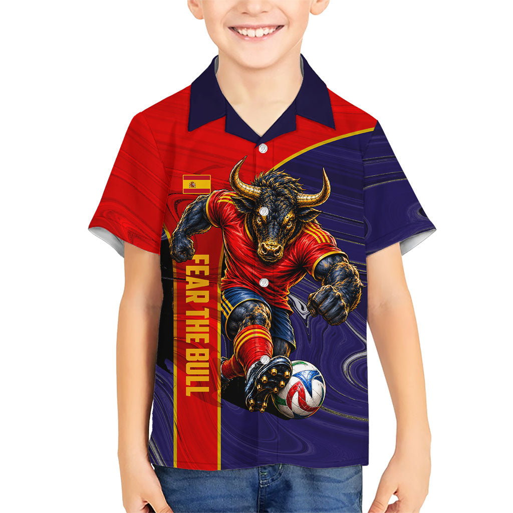 Personalized Spain Football Kid Hawaiian Shirt Fear the Bull Soccer Mascot Marble Art