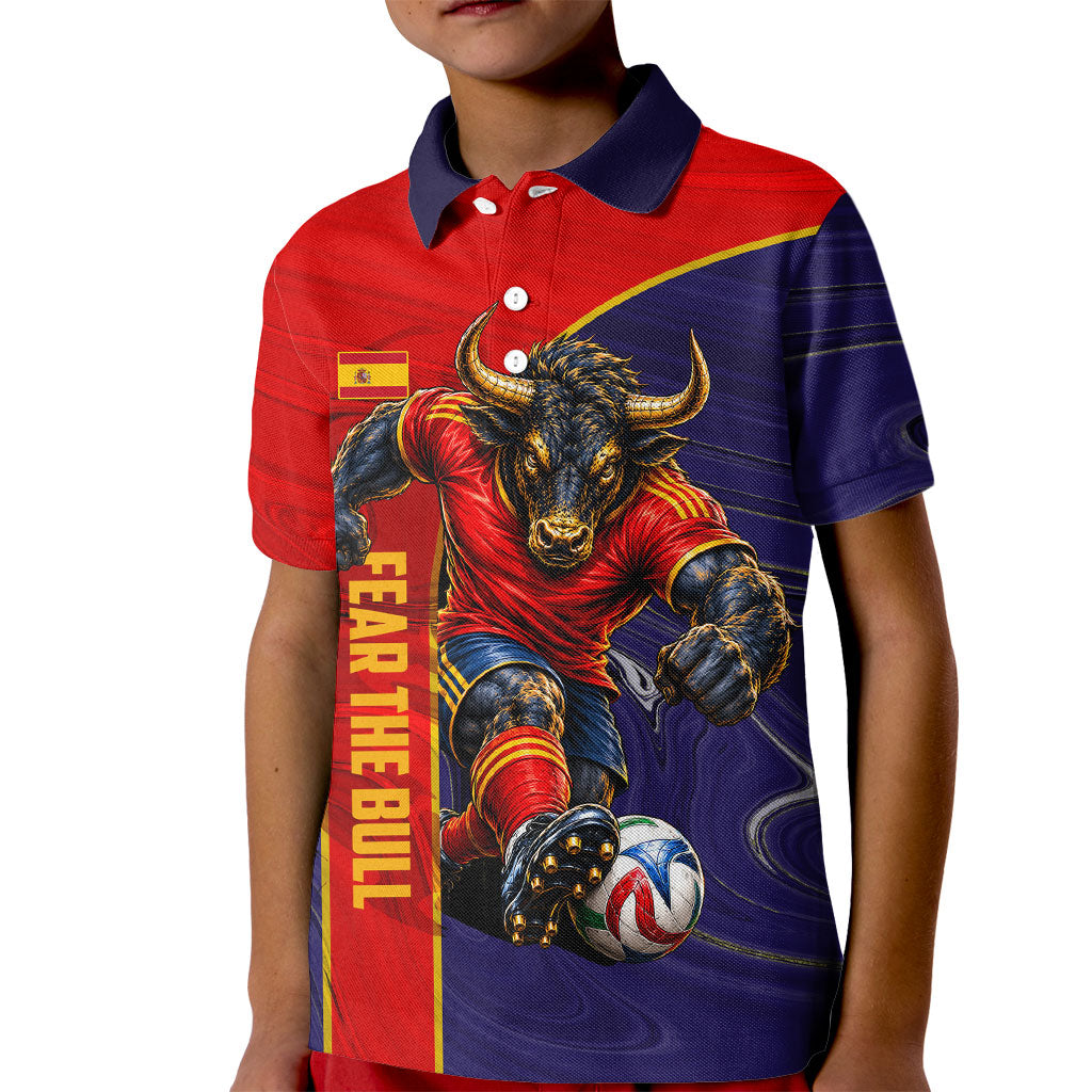 Personalized Spain Football Kid Polo Shirt Fear the Bull Soccer Mascot Marble Art