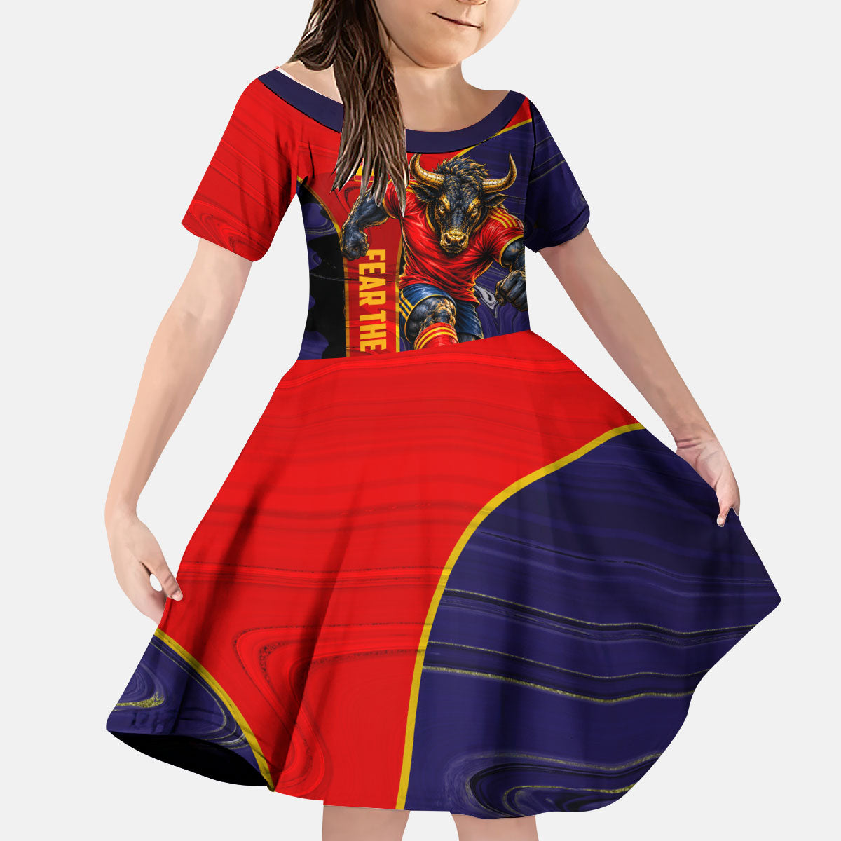 Personalized Spain Football Kid Short Sleeve Dress Fear the Bull Soccer Mascot Marble Art