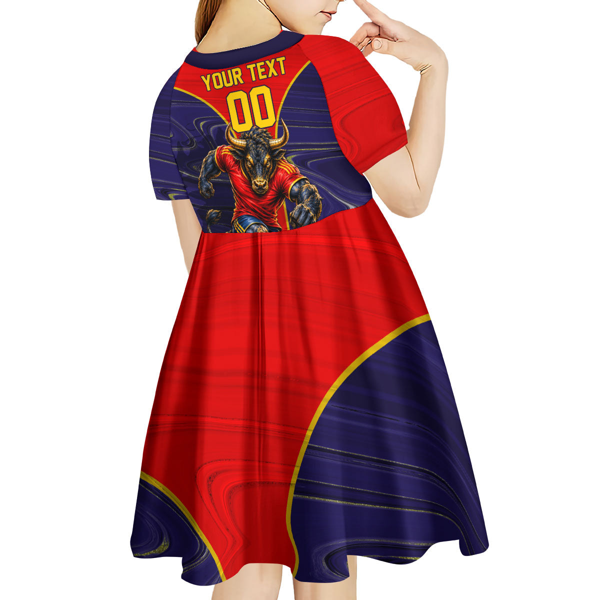 Personalized Spain Football Kid Short Sleeve Dress Fear the Bull Soccer Mascot Marble Art