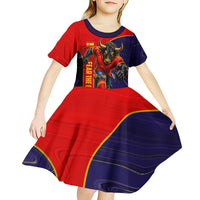 Personalized Spain Football Kid Short Sleeve Dress Fear the Bull Soccer Mascot Marble Art