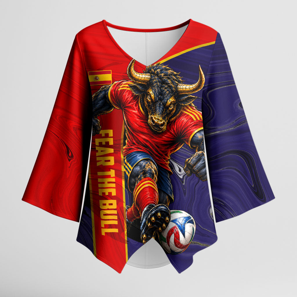 Personalized Spain Football Kimono Sleeve Blouse Fear the Bull Soccer Mascot Marble Art