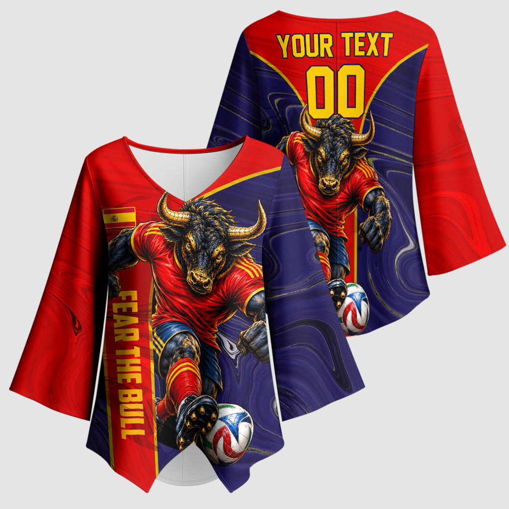 Personalized Spain Football Kimono Sleeve Blouse Fear the Bull Soccer Mascot Marble Art