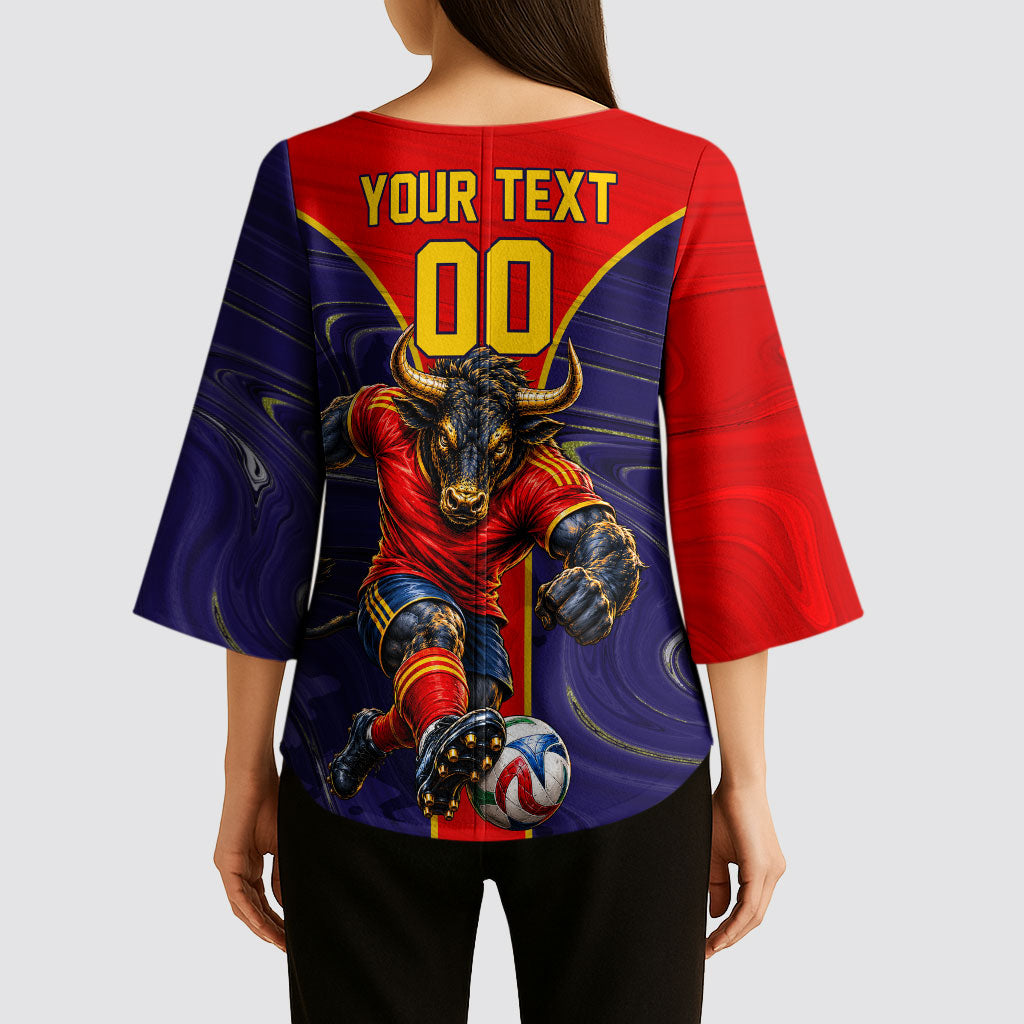 Personalized Spain Football Kimono Sleeve Blouse Fear the Bull Soccer Mascot Marble Art