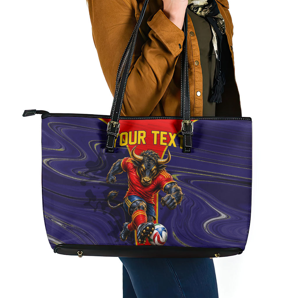 Personalized Spain Football Leather Tote Bag Fear the Bull Soccer Mascot Marble Art