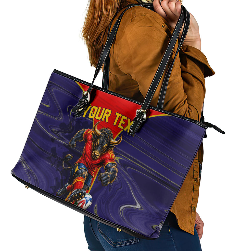 Personalized Spain Football Leather Tote Bag Fear the Bull Soccer Mascot Marble Art