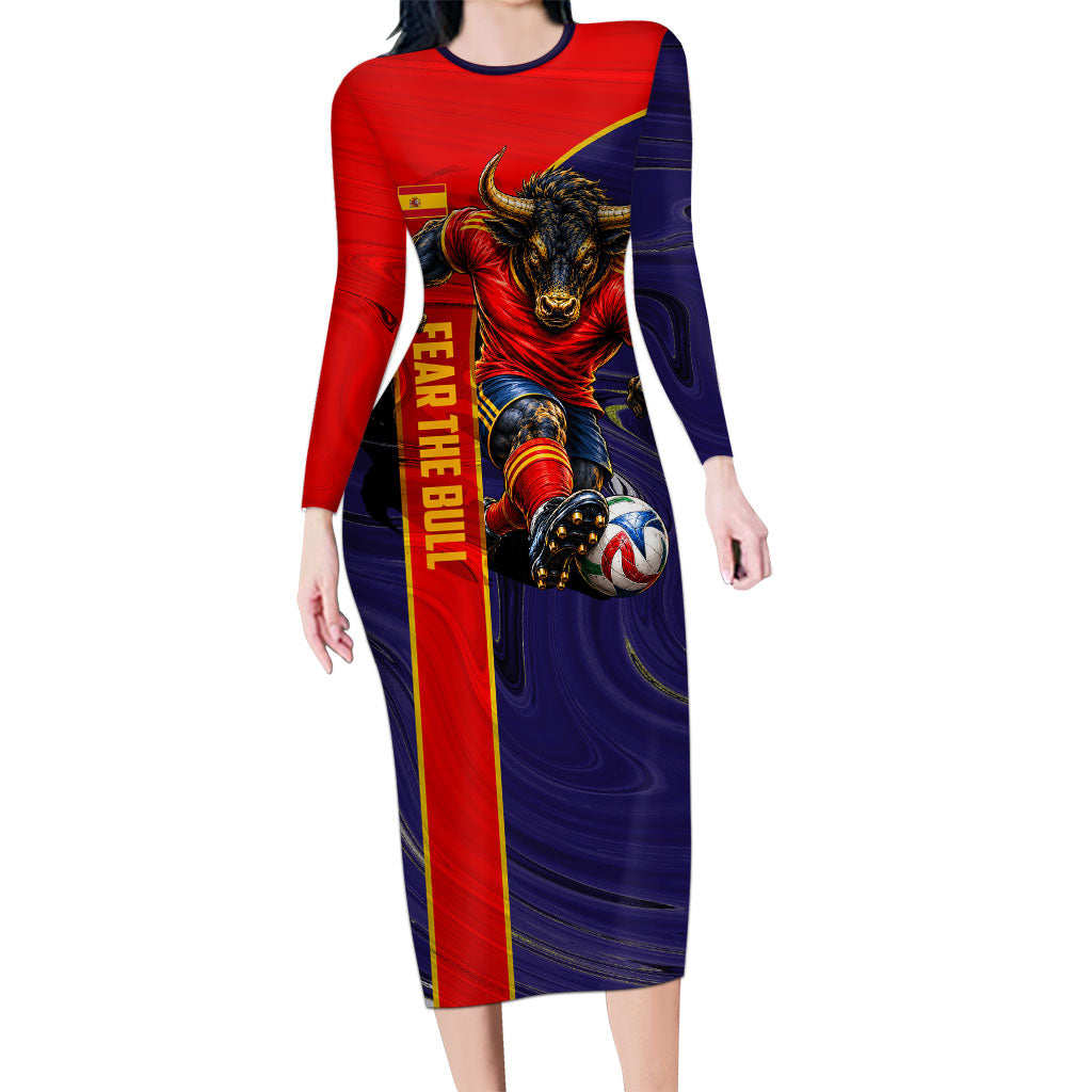Personalized Spain Football Long Sleeve Bodycon Dress Fear the Bull Soccer Mascot Marble Art