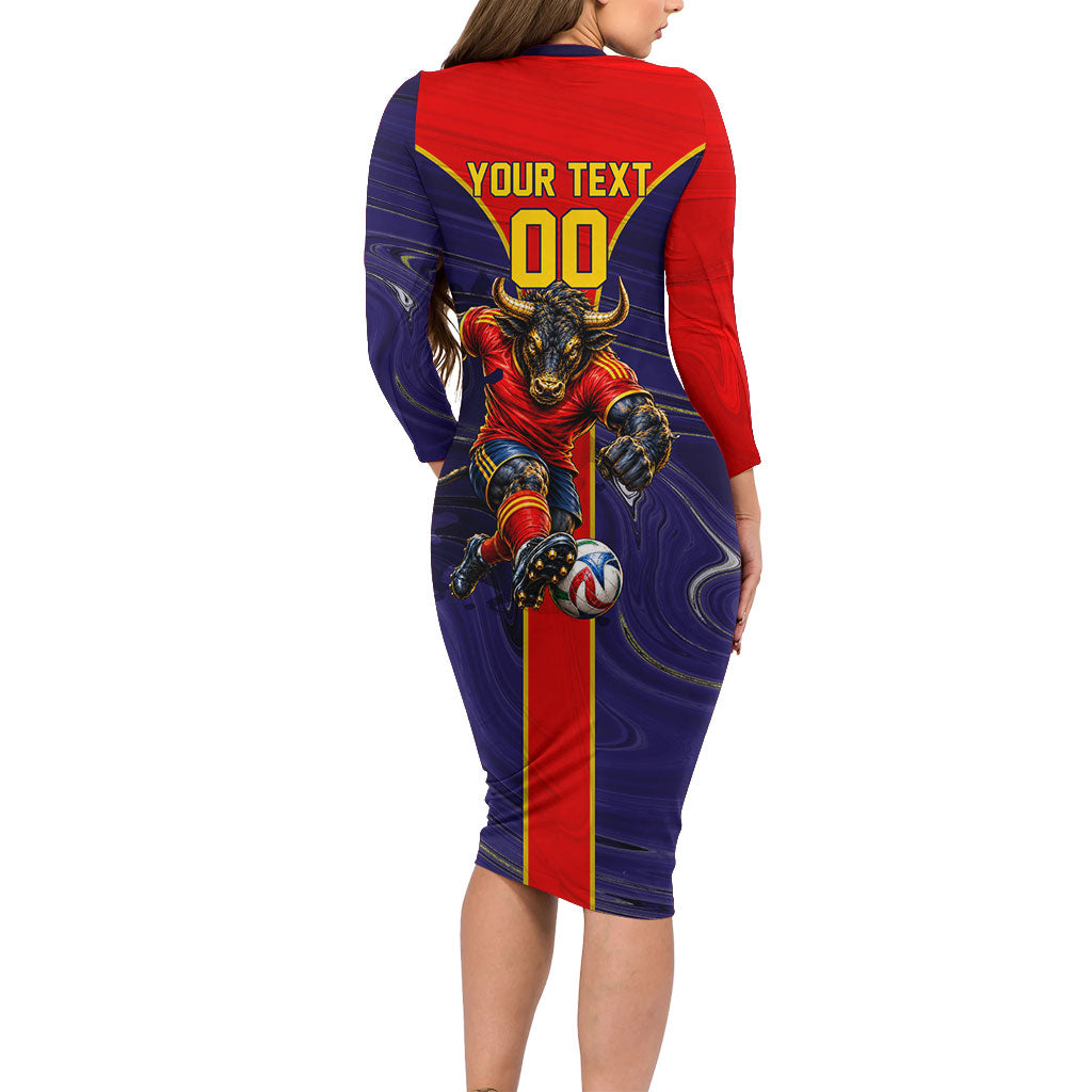 Personalized Spain Football Long Sleeve Bodycon Dress Fear the Bull Soccer Mascot Marble Art
