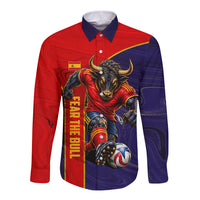 Personalized Spain Football Long Sleeve Button Shirt Fear the Bull Soccer Mascot Marble Art