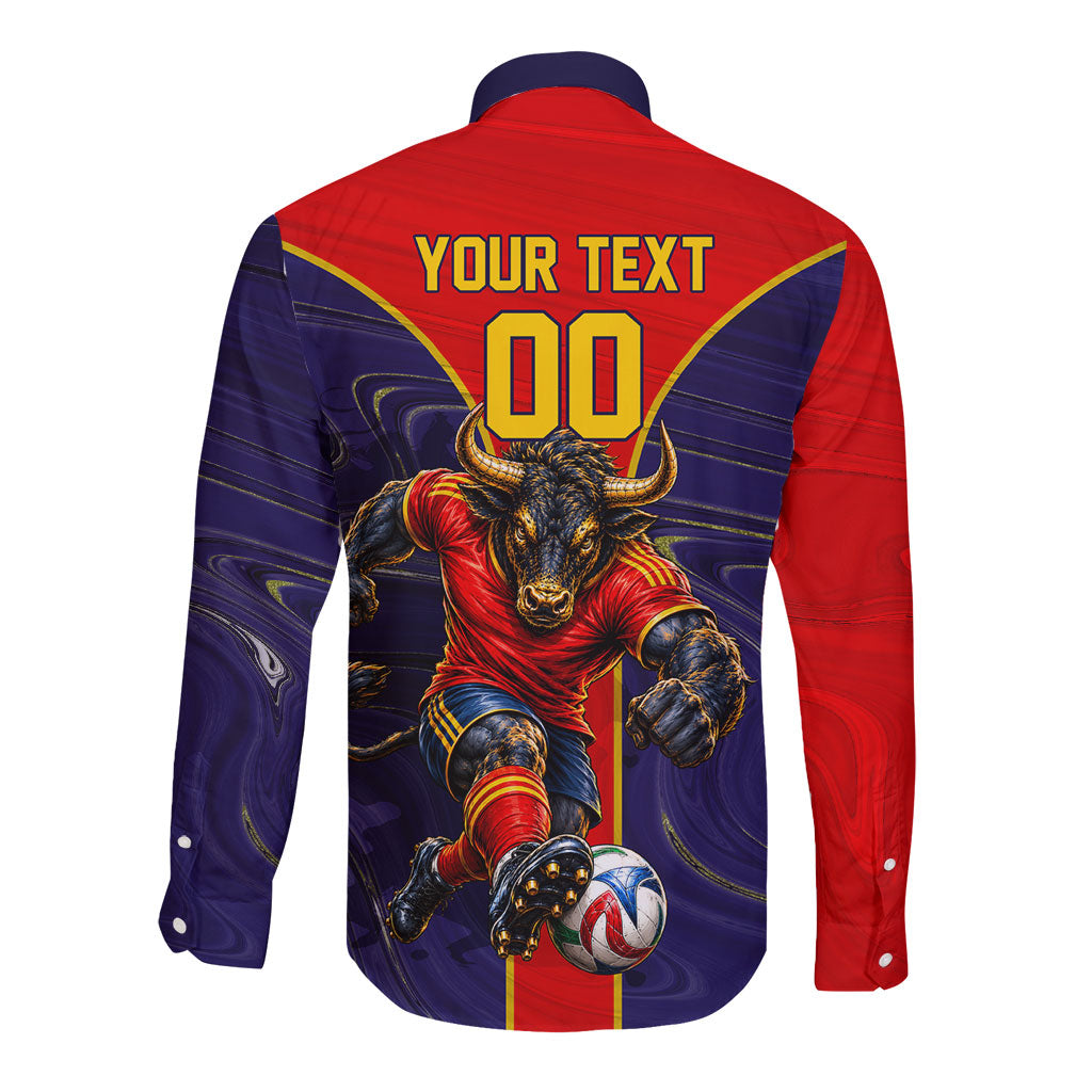Personalized Spain Football Long Sleeve Button Shirt Fear the Bull Soccer Mascot Marble Art