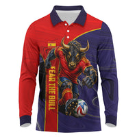Personalized Spain Football Long Sleeve Polo Shirt Fear the Bull Soccer Mascot Marble Art