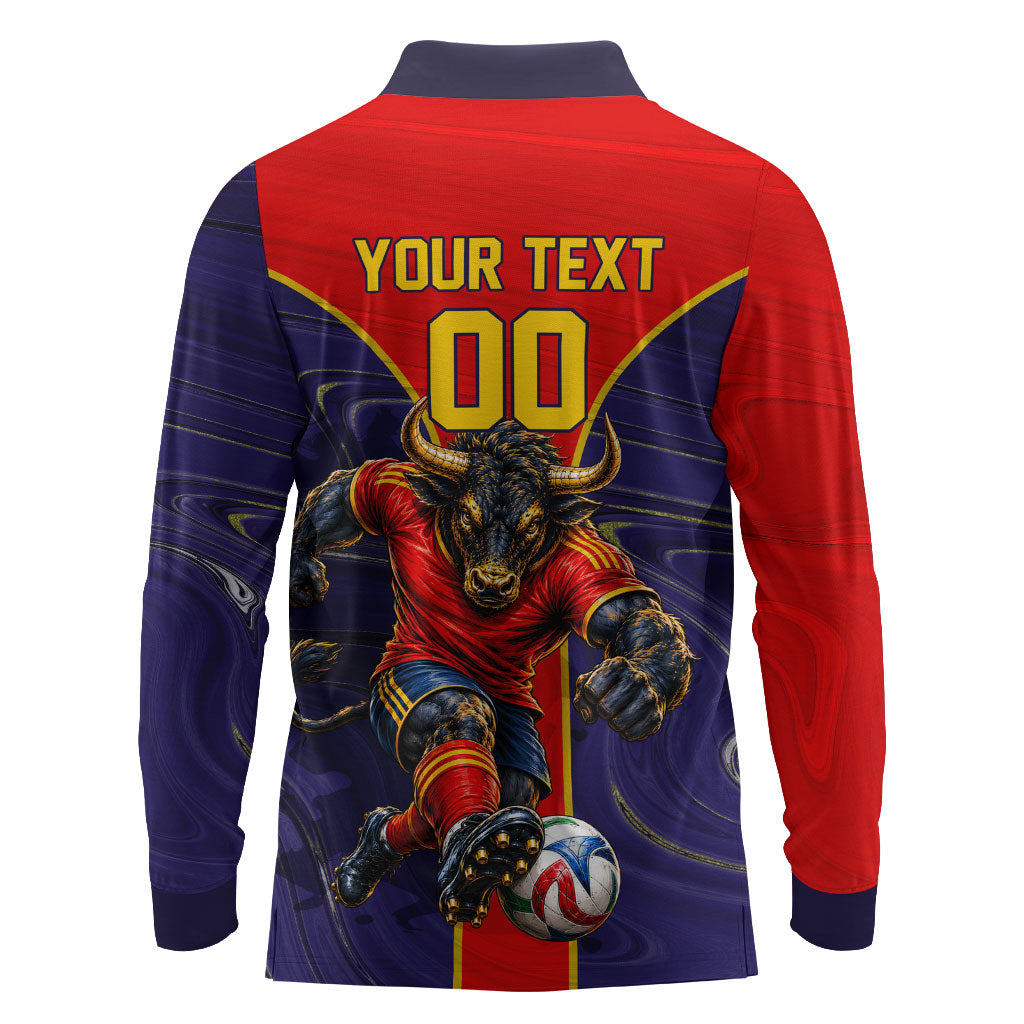 Personalized Spain Football Long Sleeve Polo Shirt Fear the Bull Soccer Mascot Marble Art