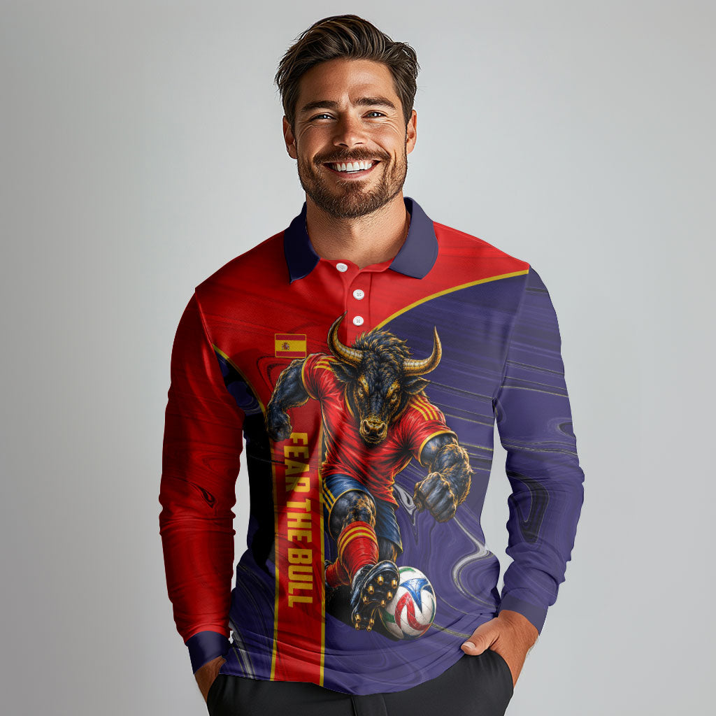 Personalized Spain Football Long Sleeve Polo Shirt Fear the Bull Soccer Mascot Marble Art