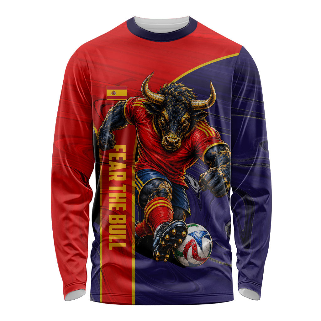 Personalized Spain Football Long Sleeve Shirt Fear the Bull Soccer Mascot Marble Art