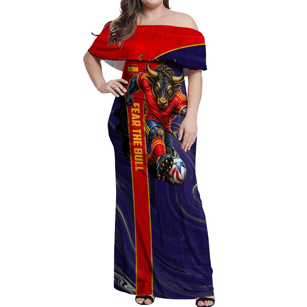 Personalized Spain Football Off Shoulder Maxi Dress Fear the Bull Soccer Mascot Marble Art