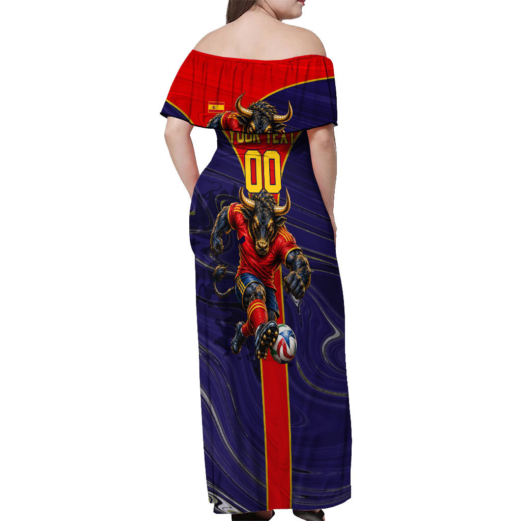 Personalized Spain Football Off Shoulder Maxi Dress Fear the Bull Soccer Mascot Marble Art