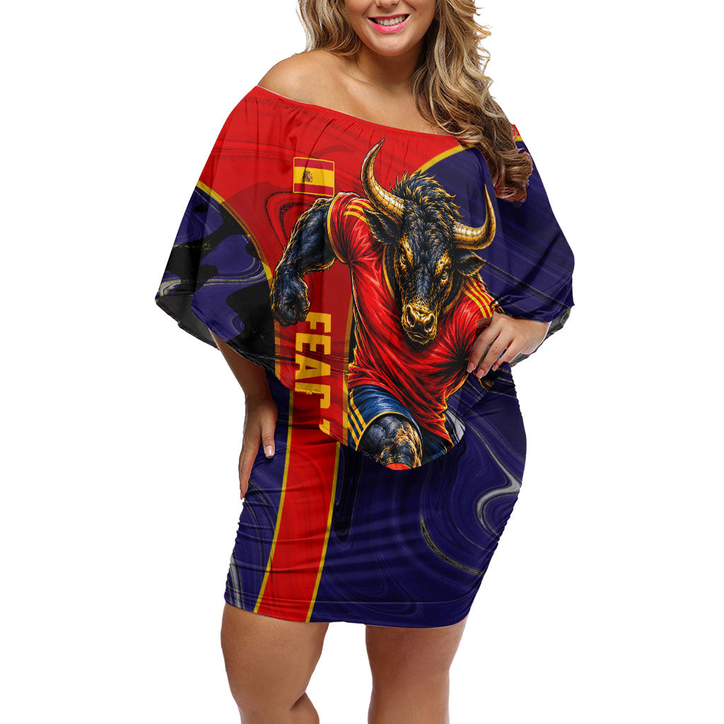 Personalized Spain Football Off Shoulder Short Dress Fear the Bull Soccer Mascot Marble Art