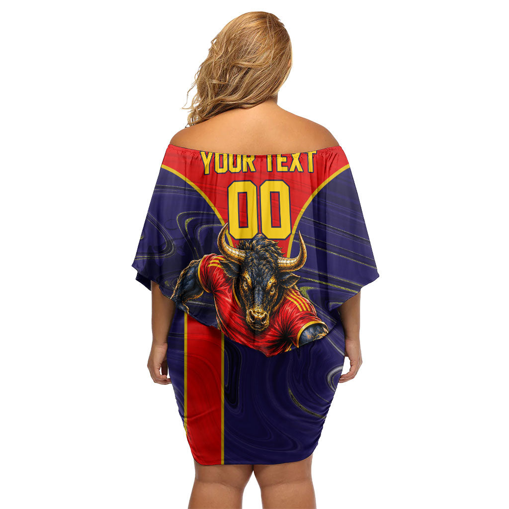 Personalized Spain Football Off Shoulder Short Dress Fear the Bull Soccer Mascot Marble Art