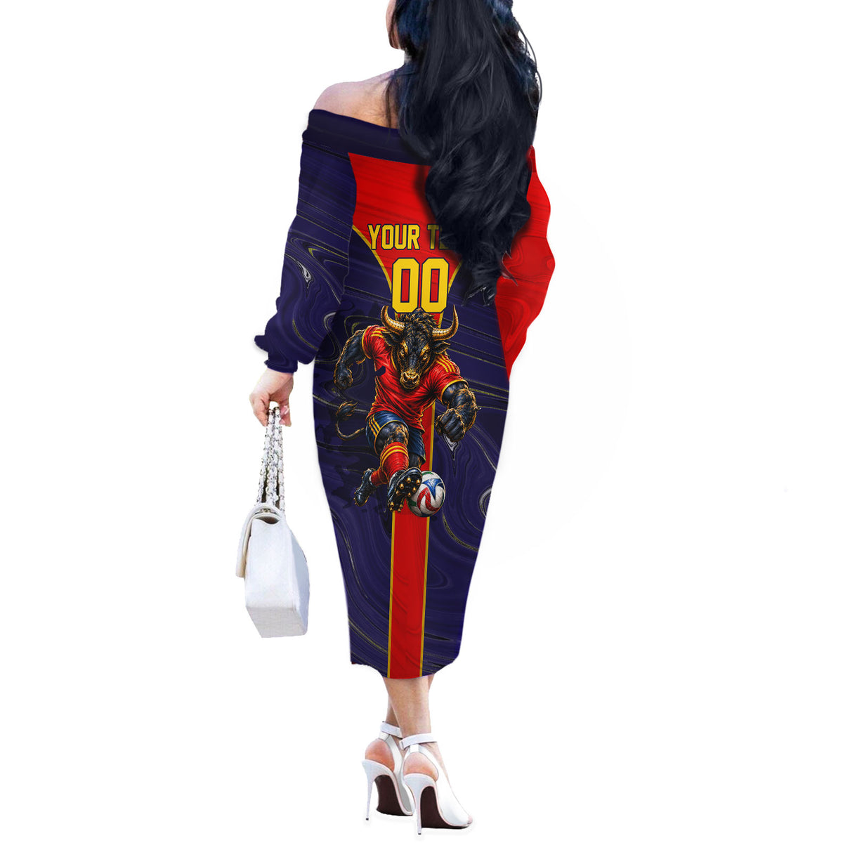 Personalized Spain Football Off The Shoulder Long Sleeve Dress Fear the Bull Soccer Mascot Marble Art