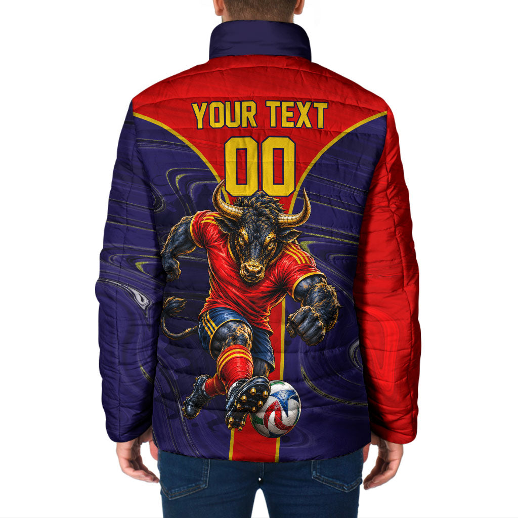 Personalized Spain Football Padded Jacket Fear the Bull Soccer Mascot Marble Art