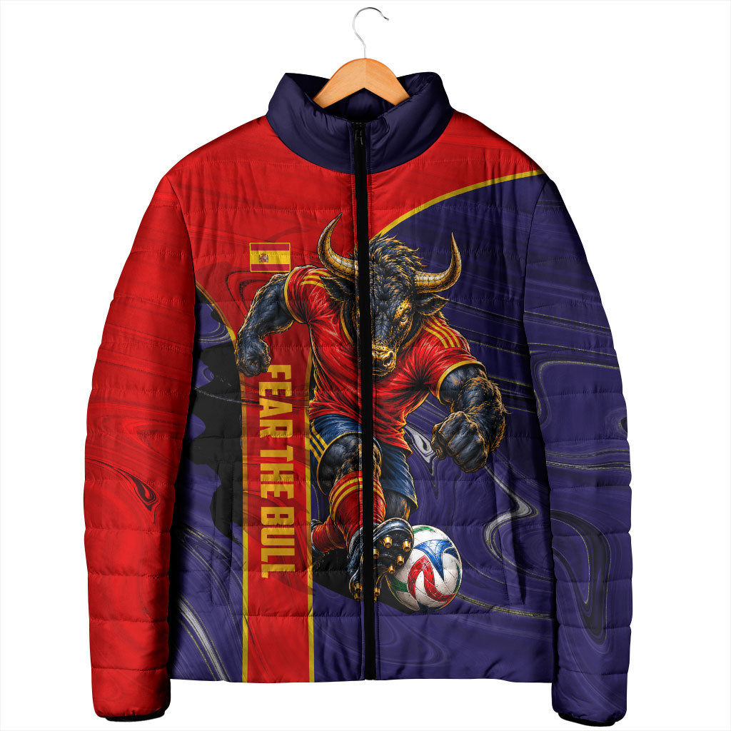 Personalized Spain Football Padded Jacket Fear the Bull Soccer Mascot Marble Art