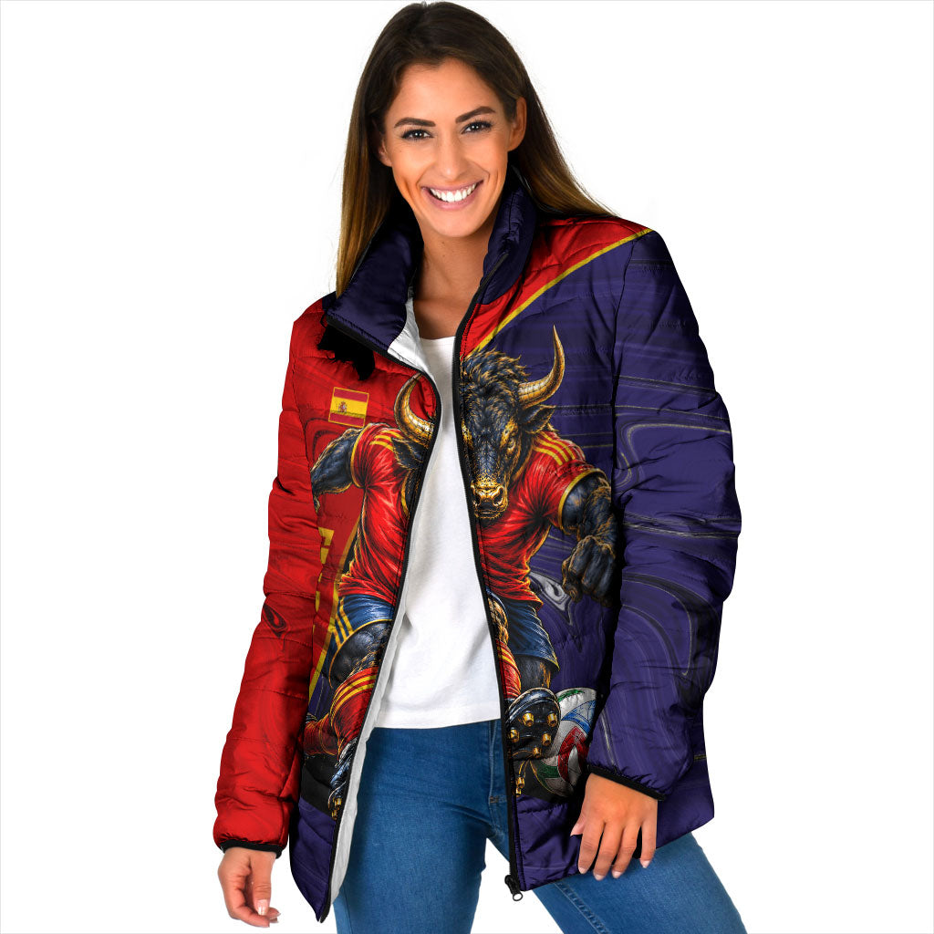 Personalized Spain Football Padded Jacket Fear the Bull Soccer Mascot Marble Art