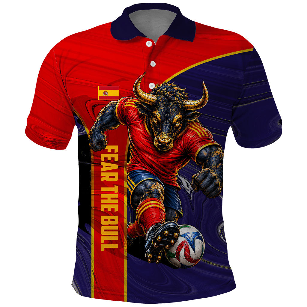 Personalized Spain Football Polo Shirt Fear the Bull Soccer Mascot Marble Art