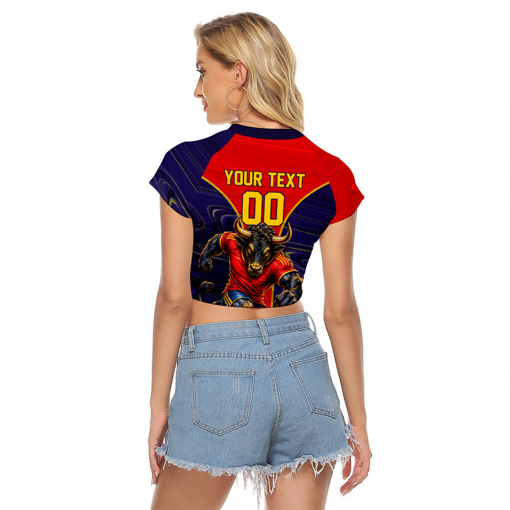 Personalized Spain Football Raglan Cropped T Shirt Fear the Bull Soccer Mascot Marble Art