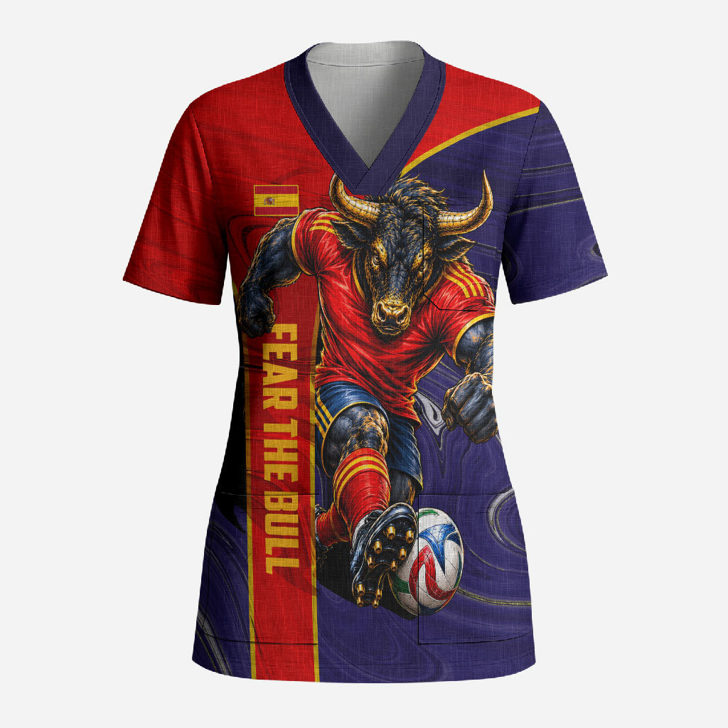 Personalized Spain Football Scrub Top Fear the Bull Soccer Mascot Marble Art