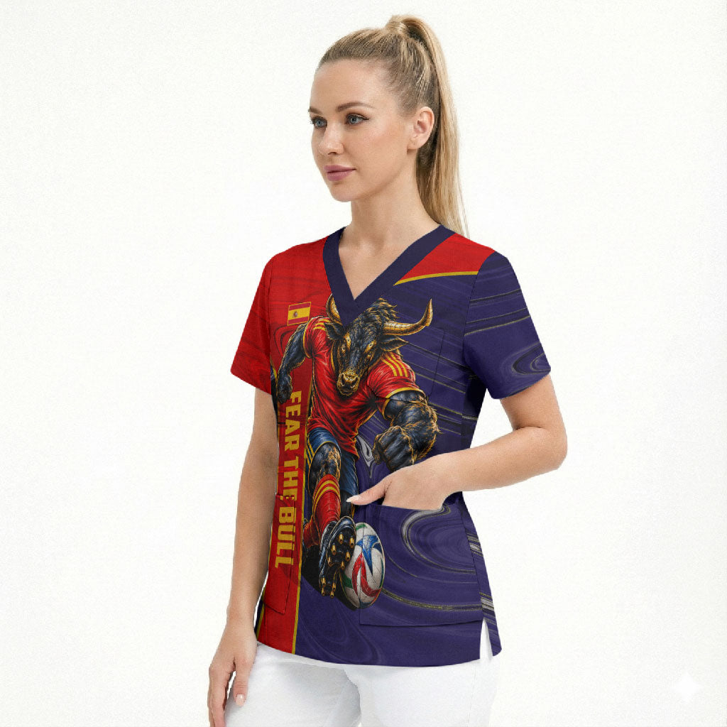 Personalized Spain Football Scrub Top Fear the Bull Soccer Mascot Marble Art