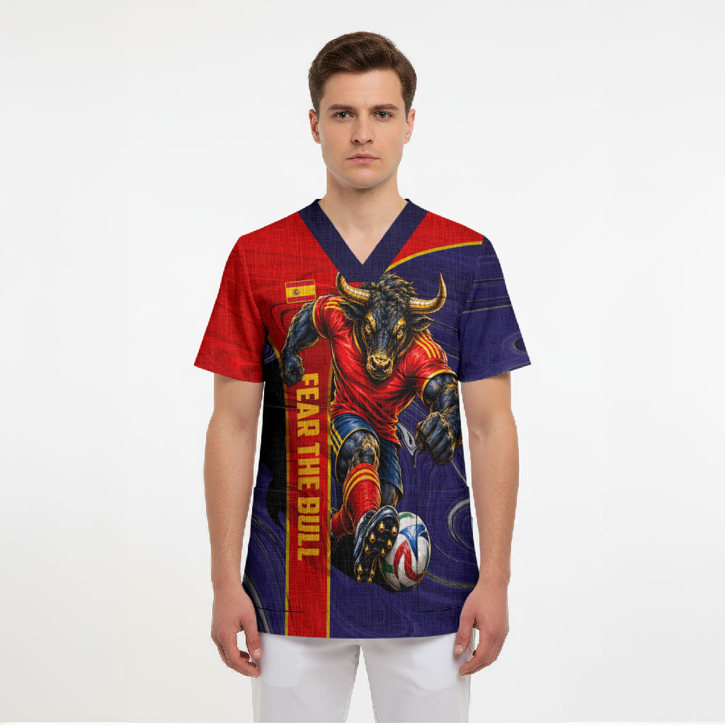 Personalized Spain Football Scrub Top Fear the Bull Soccer Mascot Marble Art