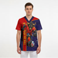 Personalized Spain Football Scrub Top Fear the Bull Soccer Mascot Marble Art