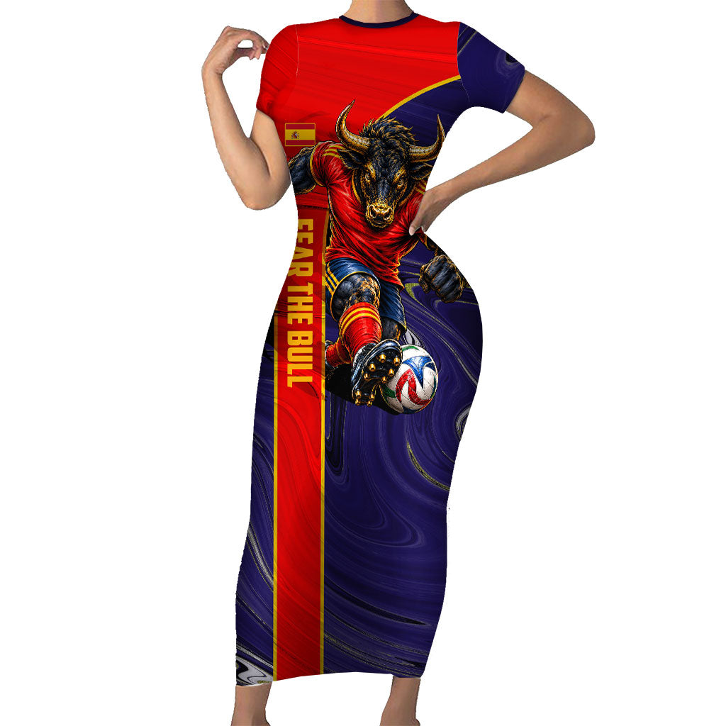 Personalized Spain Football Short Sleeve Bodycon Dress Fear the Bull Soccer Mascot Marble Art