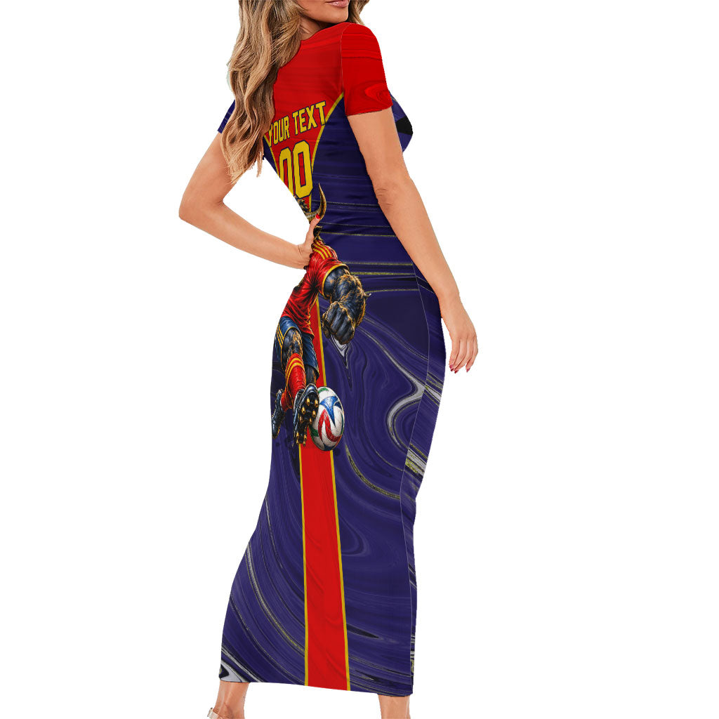 Personalized Spain Football Short Sleeve Bodycon Dress Fear the Bull Soccer Mascot Marble Art