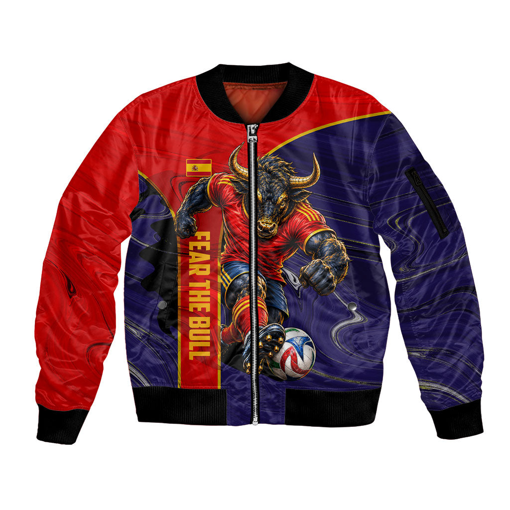 Personalized Spain Football Sleeve Zip Bomber Jacket Fear the Bull Soccer Mascot Marble Art