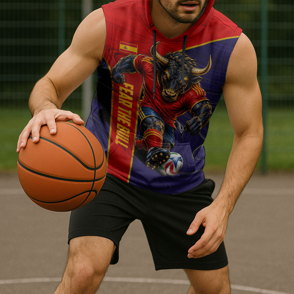 Personalized Spain Football Sleeveless Hoodie Fear the Bull Soccer Mascot Marble Art