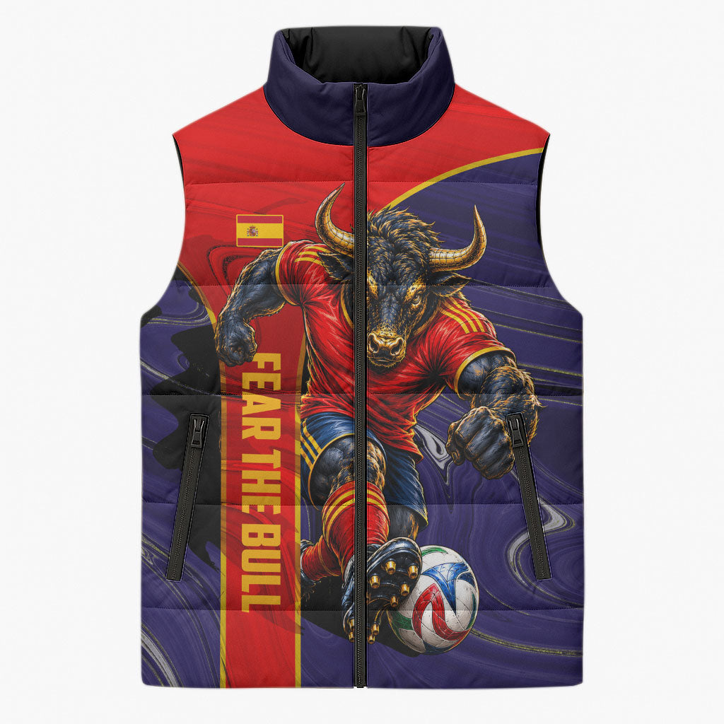 Personalized Spain Football Sleeveless Puffer Jacket Fear the Bull Soccer Mascot Marble Art