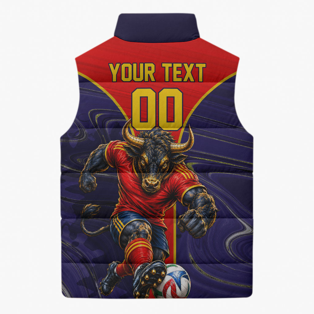 Personalized Spain Football Sleeveless Puffer Jacket Fear the Bull Soccer Mascot Marble Art