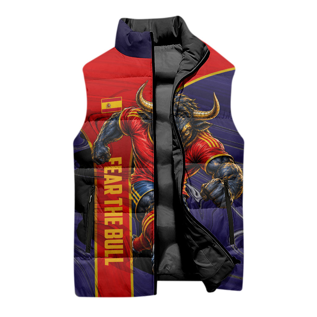 Personalized Spain Football Sleeveless Puffer Jacket Fear the Bull Soccer Mascot Marble Art