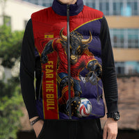 Personalized Spain Football Sleeveless Puffer Jacket Fear the Bull Soccer Mascot Marble Art