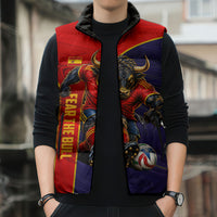 Personalized Spain Football Sleeveless Puffer Jacket Fear the Bull Soccer Mascot Marble Art