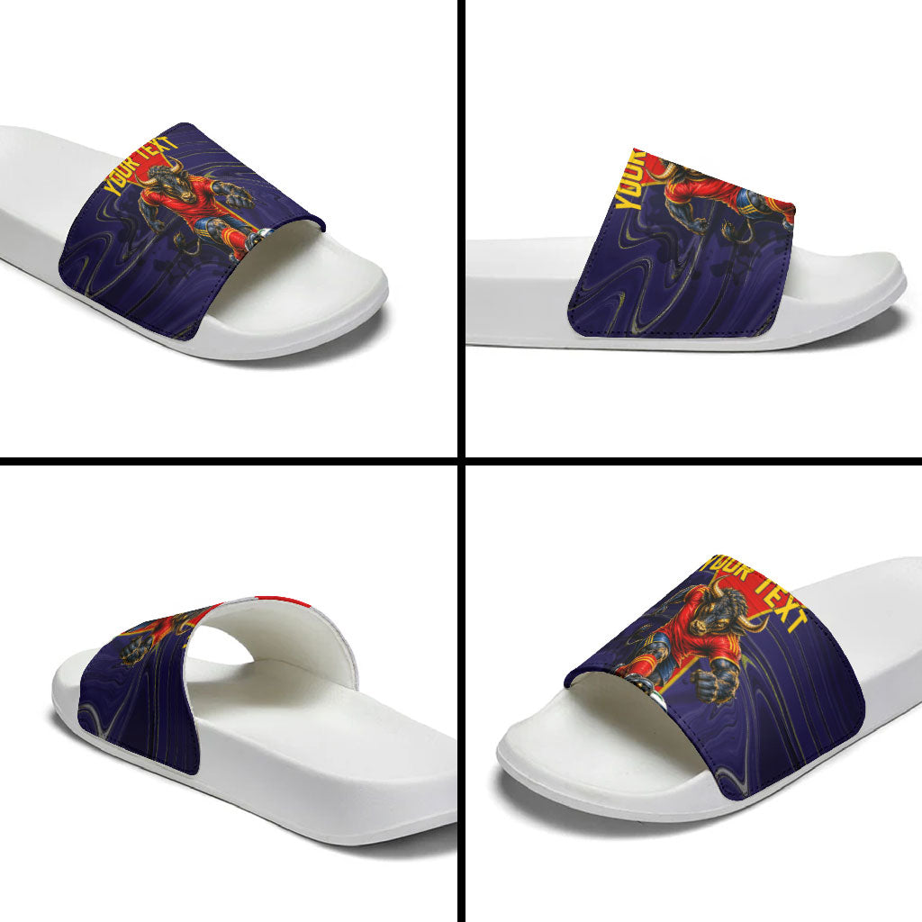 Personalized Spain Football Slide Sandals Fear the Bull Soccer Mascot Marble Art