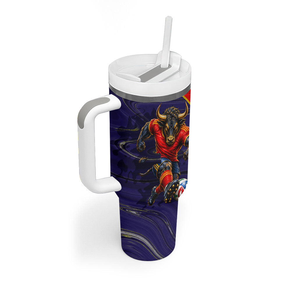 Personalized Spain Football Tumbler With Handle Fear the Bull Soccer Mascot Marble Art