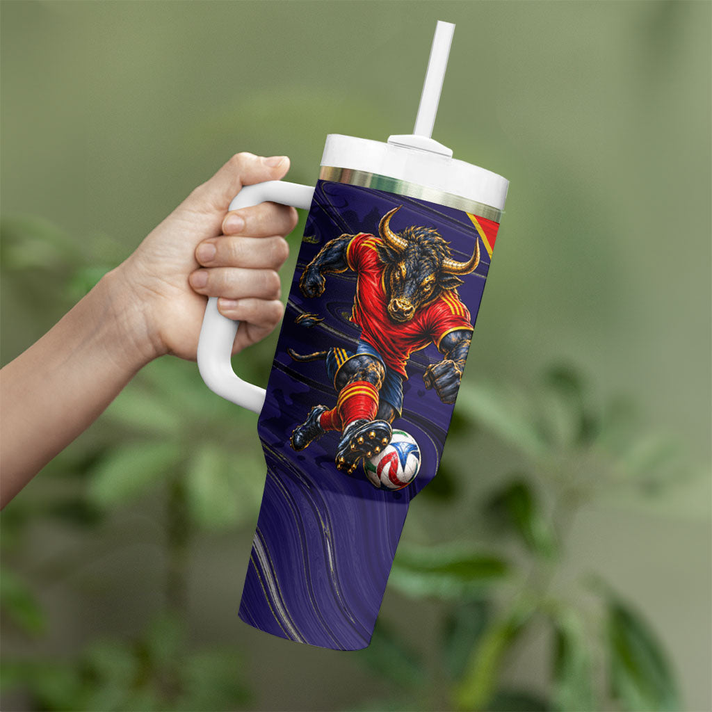 Personalized Spain Football Tumbler With Handle Fear the Bull Soccer Mascot Marble Art